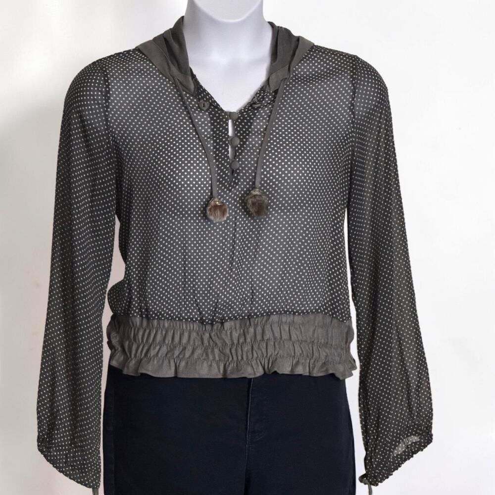 Fairy Grunge Hooded Polka Dot Top Goth Boho Faux Fur Tassel Sheer US Size M